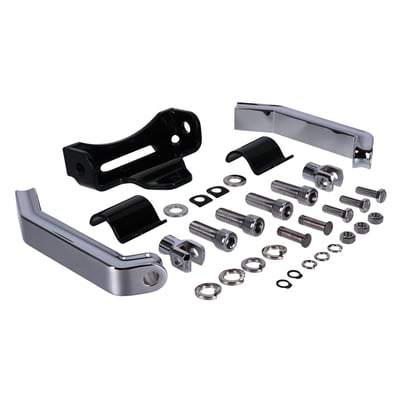 Steel with a chrome plated finish. For use with traditional H-D male mount foot pegs.