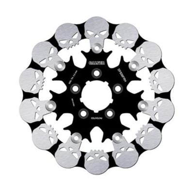 Right rear. 
11.8" / 300mm OD, 56.3mm ID, 5mm thick, 9.5mm (3/8") counterbored mounting holes, 3.25" BCD (Bolt Circle Diameter). Mount style 'B'. 
OEM replacement reference 41810-08B, 41810-08C. 

Galfer Skull discs are of original design and feature custom skull motifs. They are designed for those who want to take the aesthetics of their customized motorcycle to the most extreme level. Available in a floating version, like their other variants, they come with an anti-corrosion treatment and are made of stainless steel (AISI 420).