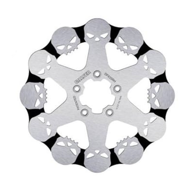 Right rear. 
11.8" / 300mm OD, 56.3mm ID, 5mm thick, 9.5mm (3/8") counterbored mounting holes, 3.25" BCD (Bolt Circle Diameter). Mount style 'B'. 
OEM replacement reference 41810-08B, 41810-08C. 

Galfer Skull discs are of original design and feature custom skull motifs. They are designed for those who want to take the aesthetics of their customized motorcycle to the most extreme level. Available in a floating version, like their other variants, they come with an anti-corrosion treatment and are made of stainless steel (AISI 420).