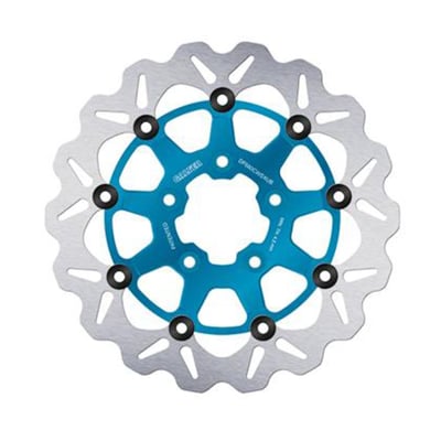 330mm (13"), 5mm thick, 56mm ID, 8mm (5/16") counterbored mount holes, 3.25" BCD. Mount style B. 
OEM replacement reference 44260-00, 44156-00 & 44360-00A. 
Note: With approval. Check your local MCS dealer or the MCS sales department for exact type of approval and validity on bike model and years on the test report. 
Note: All Galfer brake rotor designs are symmetrical. This allows left or right side installation without optical issues. 

The innovative Galfer Disc Wave® colored discs have undergone innovative color anodizing treatment applied to the 7075 T6 aluminum center, which not only gives them a distinctive appearance but also improves their visibility. Designed to exceed the expectations of the most demanding bikers, Galfer Disc Wave® discs offer precise and efficient braking and a significant weight saving which means increased safety and control on the road. 