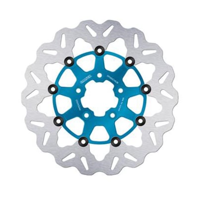 292mm (11.5"), 5mm thick, 56mm ID, 8mm (5/16") counterbored mount holes, 3.25" BCD. Mount style B. 
OEM replacement reference 44260-00, 44156-00 & 44360-00A. 
Note: With approval. Check your local MCS dealer or the MCS sales department for exact type of approval and validity on bike model and years on the test report. 
Note: All Galfer brake rotor designs are symmetrical. This allows left or right side installation without optical issues. 

The innovative Galfer Disc Wave® colored discs have undergone innovative color anodizing treatment applied to the 7075 T6 aluminum center, which not only gives them a distinctive appearance but also improves their visibility. Designed to exceed the expectations of the most demanding bikers, Galfer Disc Wave® discs offer precise and efficient braking and a significant weight saving which means increased safety and control on the road. 