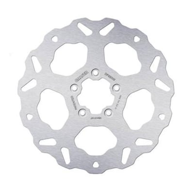 292mm (11.5"), 5mm thick, 56mm ID, 8mm (5/16") counterbored mount holes, 3.25" BCD. Mount style B. 
OEM replacement reference 44260-00, 44156-00 & 44360-00A. 
Note: With approval. Check your local MCS dealer or the MCS sales department for exact type of approval and validity on bike model and years on the test report. 
Note: All Galfer brake rotor designs are symmetrical. This allows left or right side installation without optical issues. 

Galfer Disc Wave® discs are the most popular. Thanks to their larger brake track perimeter, they enhance cooling capacity and allow for even wear of the brake pads. They undergo a cathodic electrocoating treatment to prevent corrosion. In the case of floating discs, they offer an improvement in weight reduction, and there are two variants: those with a high-strength anodized aluminum center (7075 T6 - 6082 T6) and those with a steel core (AISI 420).