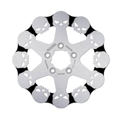 292mm (11.5"), 6.4mm thick, 56mm ID, 9.5mm (3/8") counterbored mount holes, 3.25" BCD (Bolt Circle Diameter). Mount style B. 
OEM replacement reference 41797-00. 

Galfer Skull discs are of original design and feature custom skull motifs. They are designed for those who want to take the aesthetics of their customized motorcycle to the most extreme level. Available in a floating version, like their other variants, they come with an anti-corrosion treatment and aremade of stainless steel (AISI 420).