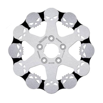 292mm (11.5") OD, 5mm thick, 50mm ID, 9.5mm (3/8") counterbored mount holes, 3.25" BCD (Bolt Circle Diameter). Mount style G. 
OEM replacement reference 41789-92. 

Galfer Skull discs are of original design and feature custom skull motifs. They are designed for those who want to take the aesthetics of their customized motorcycle to the most extreme level. Available in a floating version, like their other variants, they come with an anti-corrosion treatment and are made of stainless steel (AISI 420).