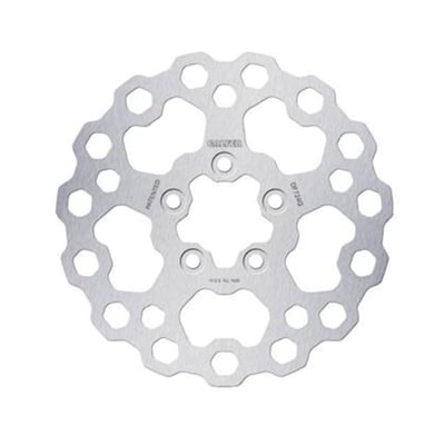 260mm (10.2") OD, 6mm thick, 56mm ID, 8mm (5/16") counterbored mount holes, 3.25" BCD (Bolt Circle Diameter). Mount style B. 
OEM replacement reference 41833-08, 41500123. 

Galfer Cubiq® discs are the lightest discs in the entire range, achieving a reduction of up to 40% compared to the original discs. They enhance cooling and ensure even wear of the brake pads, positioning themselves as the most "high tech" discs in the custom category. The floating version features a stainless steel core (AISI 420). Both have cathodic electrocoating treatment to prevent corrosion.