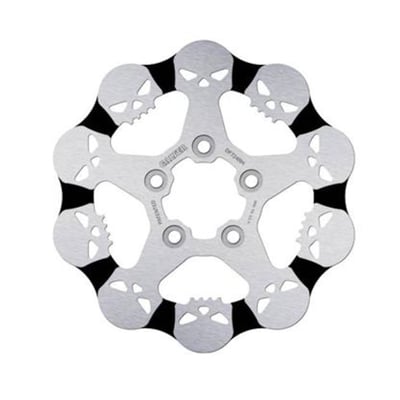 260mm (10.2") OD, 6mm thick, 56mm ID, 8mm (5/16") counterbored mount holes, 3.25" BCD (Bolt Circle Diameter). Mount style B. 
OEM replacement reference 41833-08, 41500123. 

Galfer Skull discs are of original design and feature custom skull motifs. They are designed for those who want to take the aesthetics of their customized motorcycle to the most extreme level. Available in a floating version, like their other variants, they come with an anti-corrosion treatment and are made of stainless steel (AISI 420).