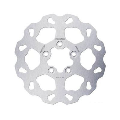 260mm (10.2") OD, 6mm thick, 56mm ID, 8mm (5/16") counterbored mount holes, 3.25" BCD (Bolt Circle Diameter). Mount style B. 
Note: With approval. Check your local MCS dealer or the MCS sales department for exact type of approval and validity on bike model and years on the test report. 
OEM replacement reference 41833-08, 41500123. 

Galfer Disc Wave® discs are the most popular. Thanks to their larger brake track perimeter, they enhance cooling capacity and allow for even wear of the brake pads. They undergo a cathodic electrocoating treatment to prevent corrosion. In the case of floating discs, they offer an improvement in weight reduction, and there are two variants: those with a high-strength anodized aluminum center (7075 T6 - 6082 T6) and those with a steel core (AISI 420).