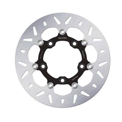 11.8" / 300mm OD, 5.6mm thick, 101mm ID, 10.2mm (3/8") counterbored mounting holes, 5" BCD (Bolt Circle Diameter). Mount style E. 
OEM replacement reference 41667-06. 

Galfer round discs are the most classic in terms of their appearance, they are the perfect replacement to maintain the original aesthetics, and they are characterized by excellent corrosion resistance. They are made of high-carbon stainless steel, and in the case of the floating ones, the core is stainless steel (AISI 420).