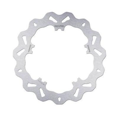 292mm (11.5") OD. 5mm thick. Open center. 'Half moon' bolt style holes. 6.7 BCD. Mount style 'D'. 
OEM replacement reference 44343-01. 
Note: With approval. Check your local MCS dealer or the MCS sales department for exact type of approval and validity on bike model and years on the test report. 
Note: All Galfer brake rotor designs are symmetrical. This allows left or right side installation without optical issues. 

Galfer Disc Wave® discs are the most popular. Thanks to their larger brake track perimeter, they enhance cooling capacity and allow for even wear of the brake pads. They undergo a cathodic electrocoating treatment to prevent corrosion. In the case of floating discs, they offer an improvement in weight reduction, and there are two variants: those with a high-strength anodized aluminum center (7075 T6 - 6082 T6) and those with a steel core (AISI 420).