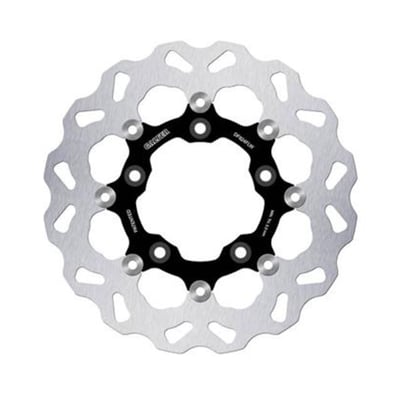 292mm (11.5") OD. 5.6mm thick, 101mm ID, 10.2mm (3/8") counterbored mounting holes, 5" BCD (Bolt Circle Diameter). Mount style E. 
Note: With approval. Check your local MCS dealer or the MCS sales department for exact type of approval and validity on bike model and years on the test report. 
OEM replacement reference 44343-01. 

Galfer Disc Wave® discs are the most popular. Thanks to their larger brake track perimeter, they enhance cooling capacity and allow for even wear of the brake pads. They undergo a cathodic electrocoating treatment to prevent corrosion. In the case of floating discs, they offer an improvement in weight reduction, with a high-strength anodized aluminum center (7075 T6 - 6082 T6).