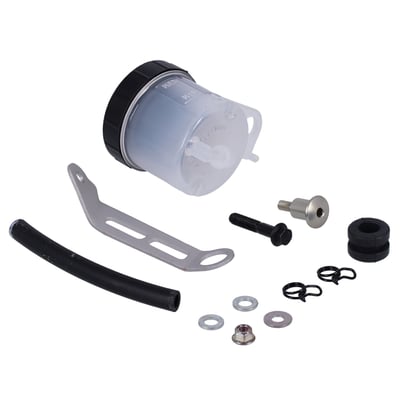 For universal use. Translucent (see-through) reservoir for easy viewing of fluid level. Includes mount bracket and fluid line. Compatible with all DOT4 brake fluids. 
Note: Not compatible with DOT 5 brake fluids