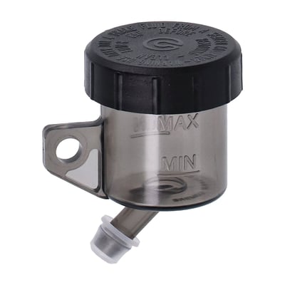 45° angled threaded hose mount. 
Translucent (see-through) reservoir for easy viewing of fluid level. Compatible with all DOT 4 brake and clutch fluids. 
For replacement & optional parts see: 
- 999208 Brake/Clutch fluid reservoir hose 
- 999210 Brake fluid reservoir protector sleeve 
- 999211 Clutch fluid reservoir protector sleeve. 
Note: Not compatible with DOT 5 brake fluids. 