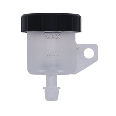 Straight down slide-on hose mount. 
Clear translucent (see-through) reservoir for easy viewing of fluid level. Compatible with all DOT 4 brake and clutch fluids. 
For replacement & optional parts see: 
- 999208 Brake/Clutch fluid reservoir hose 
- 999210 Brake fluid reservoir protector sleeve 
- 999211 Clutch fluid reservoir protector sleeve. 
Note: Not compatible with DOT 5 brake fluids. 