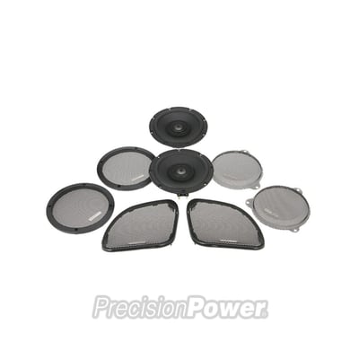 This speaker upgrade kit consist of two 6.5" speakers, two midrange tuning modules and speaker grills for Roadglide, Streetglide and Tourpacks.

Highlights:

Manufactured with industrial grade materials optimized for harsh environments

Glass fiber reinforced ABS frame for impact absorption and thermal stability

Impermeable polypropylene cone is mechanically rugged and heat resistant

Midrange Notch Filter included for OE pod installation

Co-molded low-density santoprene surround chemically bonded cone

Titanium dome tweeter resists corrosion with high strength-to-density ratio

Low Mass Neodymium earth element magnets for maximum output

1.25" oxygen free copper voice coil on thermally absorbent aluminum former

1" titanium wide dispersion high output hemispherical dome tweeter

4-Ohm for custom applications

Integrated 6dB high-pass crossover protects tweeter from harmful frequencies

92dB (1w/1m) SPL efficiency / 60-22kHz frequency response

75w RMS power rating / mounting depth: 2.00"

