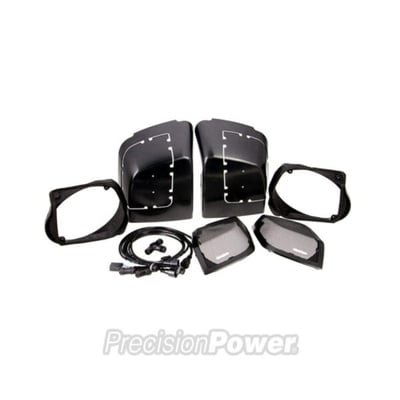 6″ x 9″ Saddlebag lid speaker installation kit lets you add almost any speakers to your factory bag lids. Designed for 14up HD models with hard-shell bags. The kit is intended and meant to fit ideally with MAS.69 speakers (MCS 999376/999377/999401).
The installer-friendly cutting guide and mounting arrangement means you can enjoy the more powerful sound without replacing the saddlebags or dealing with painting. Kit includes all hardware and integrated grilles. Not compatible with models with electric locks.
Highlights:
- Adapters to install 6” x 9” speaker to stock saddlebag lid
- Saddlebag lid cutout template for exact fitment included
- Gloss black speaker grills with premium fit-n-finish included
- Plug-N-Play wire harness connects to MAA4.400 amplifier
- Waterproof quick-disconnect plugs for easy install & removal in saddlebag
- Optimized for MAS.69 6”x9” Speakers (MCS 999376/999377)
