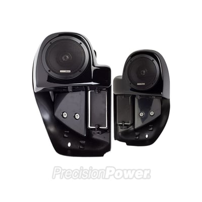 Precision Power’s direct fitment solution for lower-fairing speakers works excellent on your Touring bikes! Add speaker pods for that additional audio punch, make your motorcycle a concert hall! Housing construction uses high-grade industrial ABS plastic, sure to last the rough impairments on the highway. Each kit is painted only in Vivid Black. Sold with speakers for left and right lowers and includes waterproof quick disconnect plugs for installer-friendly design. Pre-wired for MAA.400 Audio Amplifier (MCS 999394).
Highlights:
Vented lower fairing in gloss black made of industrial grade ABS
Midrange notch filter included for OE pod installation
Waterproof quick-disconnect plugs for easy install & removal
Pre-wired with MAS.654 Premium 6.5” speakers
Plug-N-Play wire harness connects to MAA4.400 Amplifier (MCS 999394)
Wire harness can accommodate installation to alternate amplifier