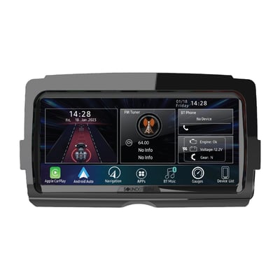 Upgrade head unit for Touring motorcycles, Exact fit in OEM location. 
Latest version of the  Soundstream head unit is this V2. Outside of all the features that the other head units already had the V2 has a 8.3" display. This is a first in the H-D market. To pair the head unit with the OEM handlebar controls and integrate the OEM gauges Datalink Maestro module (999367) needs to ordered separately 



Highlights:

Upgrade for 2014-up Touring and Trike models 

EPS-MMR may require flashing 

Uses OEM mounting hardware. No brackets or trim rings required

Uses OEM USB & integrated radio antenna. No adapters required

IPx5 Water-resistant faceplate. Safe for all weather & washing

8” High-Definition widescreen LCD with ultra bright 1000NIT backlight

Wireless Apple carplay & wireless Android auto with voice assistants

Compatible with iDataLink Maestro RR CANBUS integration module 

Displays up to 10 digital gauges, Choose from 50+ available

Pop-up warnings for oil pressure, fuel level, engine temp, & more

Customizable programming of handlebar thumb controls

Activates boom 1, boom 2, & HD audio OEM amplifiers

Wire harness ready for iDataLink Maestro RR & RR2

Uses OEM GPS antenna if equipped

Wireless headset interface for OEM & aftermarket headsets & headphones
Pair up to two headsets or headphones for rider & passenger
Select to hear only GPS navigation commands, music or both

Rally ModeTM music sharing. Broadcast your playlists to group riders.
Pair to riders with Rally Mode equipped head units & accessories
Unlimited users can pair to a principal broadcaster’s stream

Handlebar cursor to scroll & select playback controls, settings, etc.

Bluetooth wireless connectivity for audio playback & control

Video camera RCA input w/ 12v trigger & on-screen shortcut

15-band digital equalizer with preset & custom settings built-in

200w 4-Channel amplifier built-in, class A/B & 2-ohm stable

4-Volt RCA audio outputs for front, rear, & subwoofer amplifiers

High Pass crossover separate for front & rear speaker/RCA outputs

Low pass & subsonic crossover for subwoofer RCA output

Note: Datalink Maestro module (999367) needs to ordered separately
Note: Replaces CVO, Boom! and GTS audio head units