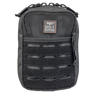Gen 2 version. The right size with multiple entry points for charging cords, fleece-lined interior pockets, easy-access exterior pockets and lots of MOLLE makes possibly the most practical EXFIL® bag yet for essential daily carry needs. Designed to fit on motorcycles with tall risers or T-bars, but can be attached practically anywhere using the six Velcro straps included with each unit. It’s Velcro-backed so it’s less abrasive and there are multiple slots to weave the six mounting straps that are, of course, included. Wherever you choose to mount it, make sure there is no way it can come into contact with moving parts (like your chain or belt) or get in the way of steering your motorcycle.
- UV-Treated 1680 ballistic polyester construction 
- Multiple, discreet cord pass-thru’s 
- Mesh outer pocket for easy access 
- High-quality zippers and pulls 
- Six hook-and-loop mounting straps 
- Fleece-lined interior 
- Built-in key loop with included carabiner 
- Dimensions approx.: 6.75" (17.1cm) wide x 10" (25.4cm) high x 3.5" (8.9cm) deep.