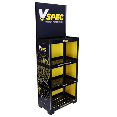 The perfect way to professionally display a great brand. This floor-placed display stand comes with 4 shelves, strong enough to take up to 50kg per shelf. Dimensions of the 3 lower spaces approx. 59.5cm wide x 34.5cm high x 30cm deep. Upper space has unlimited storage height, with a 55cm high billboard that proudly displays the Vspec brand. Made of HIPS (High Impact Polystyrene) with printed parts from cardboard. Overall dimensions approximately 171cm x 60cm wide x 35cm deep. 